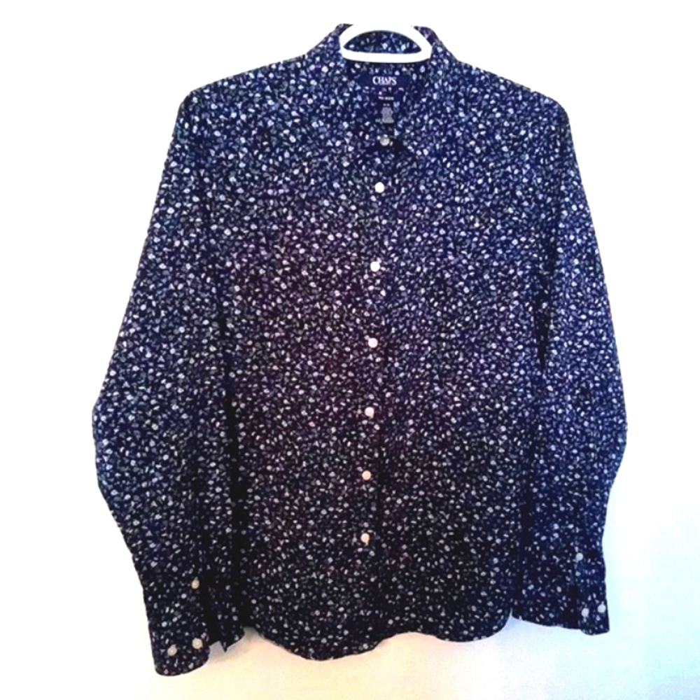 CHAPS Ralph Lauren Women's Dark Blue With Floral Cotton Button Up Shirt Large